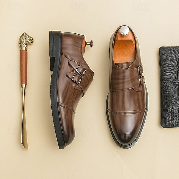 Brown Strap Dress Men's Monk Shoes – Faux Leather Double FashionChic