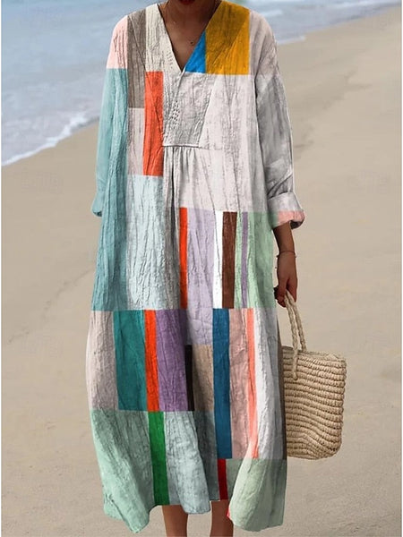 Women's Midi Dress V Neck Long Sleeve Kaftan Lightweight FashionChic