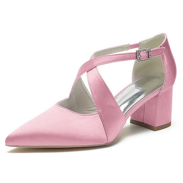 Heels White Pointed Satin Toe Block Women's – Elegant FashionChic