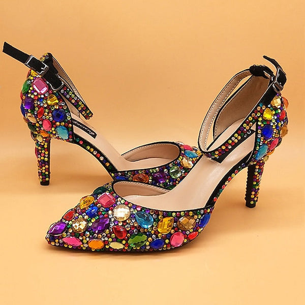 Heel Shoes Multicolor Wedding Women's High with Rhinestone FashionChic