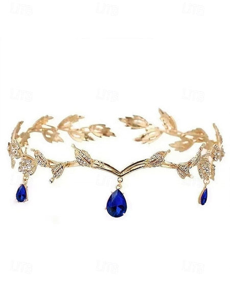with Gold Vintage Drops Headpiece – Gemstone Blue Leaf FashionChic
