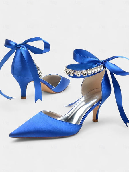 Ankle Blue Pointed-Kitten Strap Heels Satin and with Rhinestone FashionChic