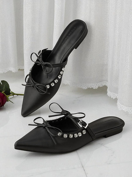 Pointed with Toe Flats Black Women's Rhinestone FashionChic