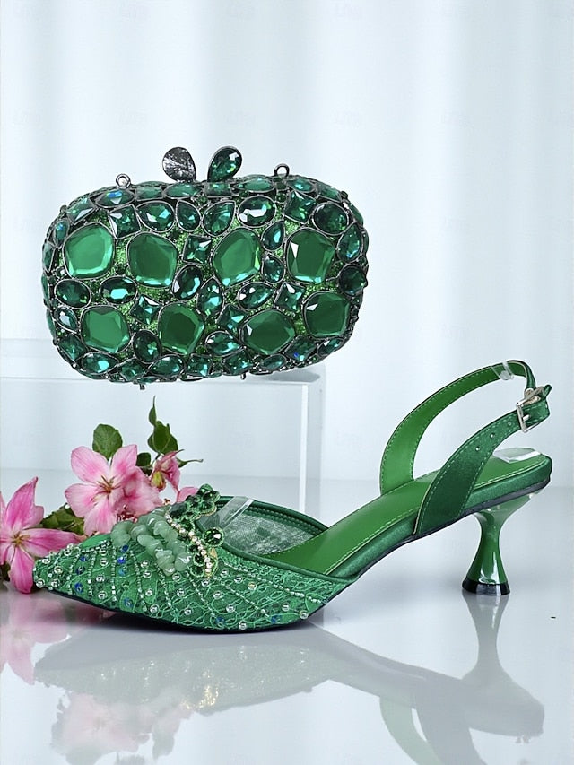 Clutch Set Bag Heel Green and Women's - Rhinestone Shoes FashionChic