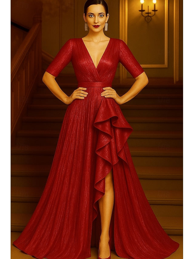 Formal Black A-Line Red Dress Gown Evening Elegant FashionChic