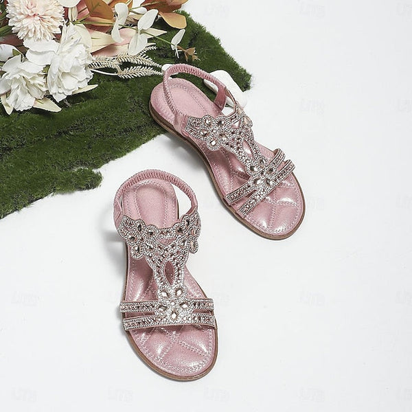 T-Strap Sandals Women's Silver Boho Rhinestone Flat – FashionChic