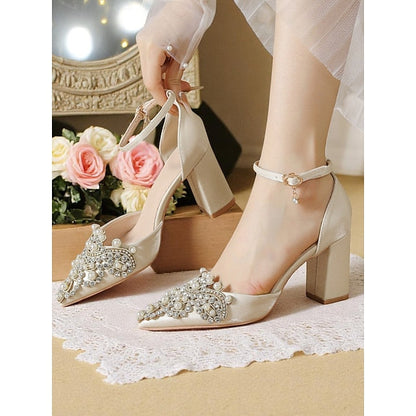 Women's Block Rhinestone and Embellished Wedding Pearl Heel FashionChic