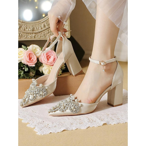 Pearl and Women's Heel Wedding Rhinestone Block Embellished FashionChic