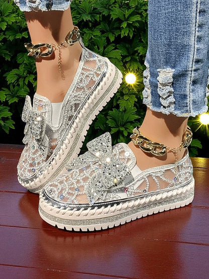 with Black Women's Rhinestone Lace Slip-On Bow Shoes FashionChic
