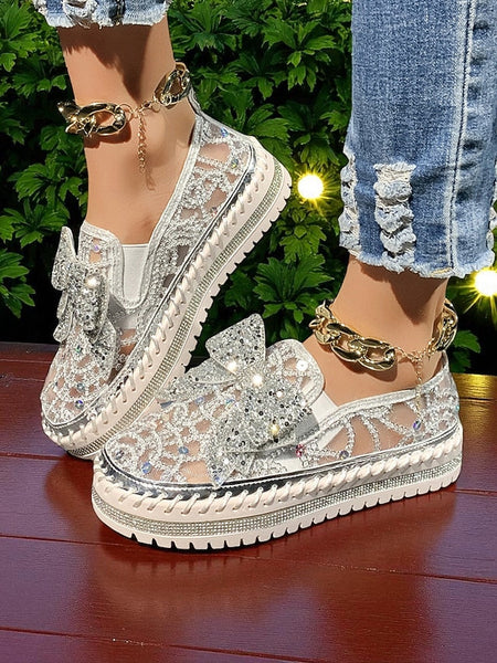 Rhinestone Slip-On Women's Lace Shoes with Black Bow FashionChic