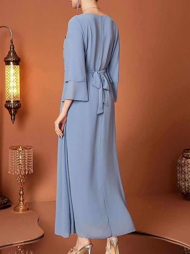 A-Line Floor Length Mother of Elegant Bride the Neck V Dress FashionChic