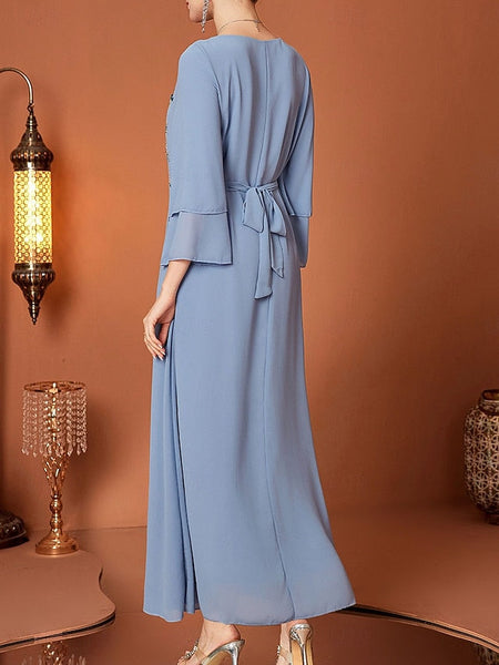 A-Line V Neck Elegant of the Bride Length Dress Floor Mother FashionChic