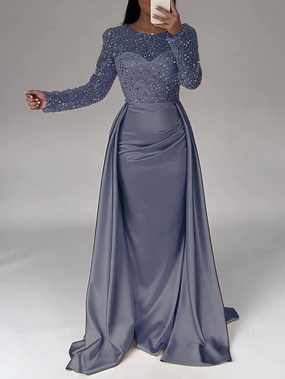 RuchedSatin Dress Sleeves Mermaid Gown Evening Sequin Long FashionChic