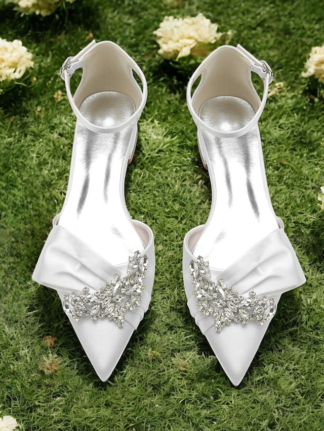 Bow with Pointed-Toe and Satin Rhinestone Ankle White Heels FashionChic