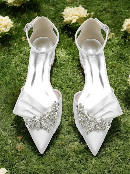 Bow with Pointed-Toe and Satin Rhinestone Ankle White Heels FashionChic
