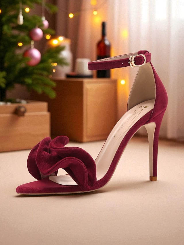 Strap Velvet - Sandals Elegant High Heel Ankle Red Women's FashionChic