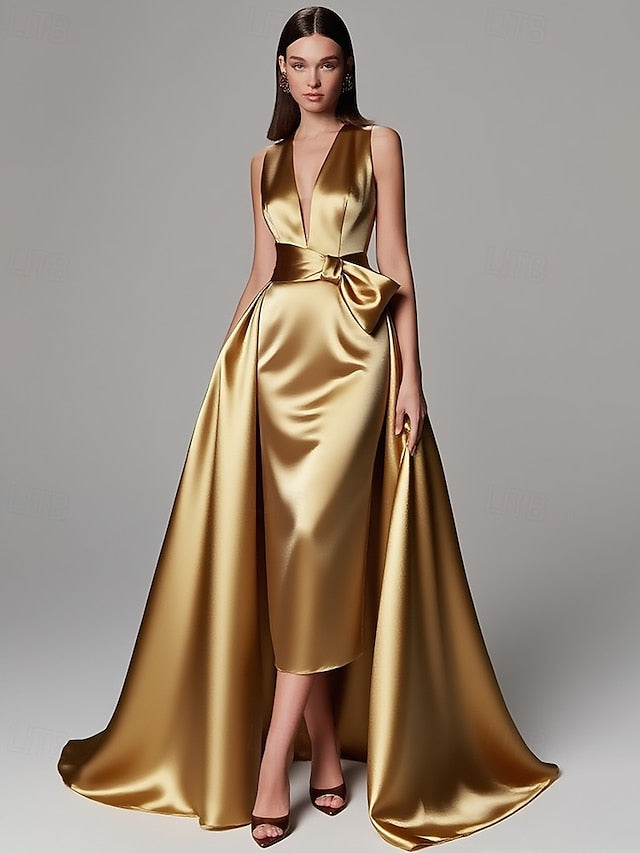 A-Line Formal Floor Evening Wedding Elegant Gold Gown Dress FashionChic