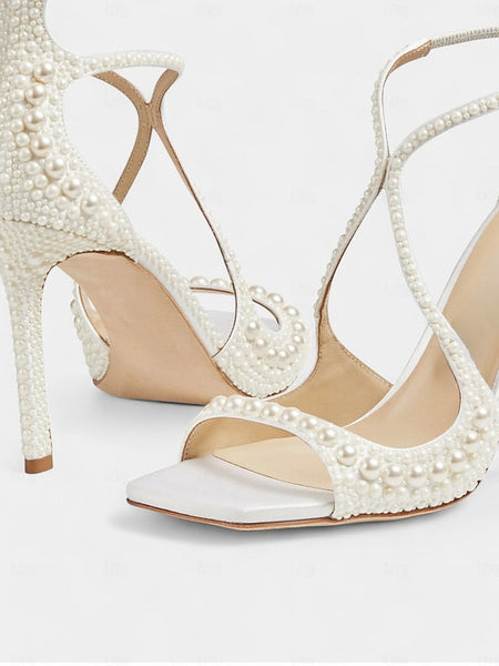 with Sandals White Ankle Open-Toe Pearl-Embellished Stiletto FashionChic