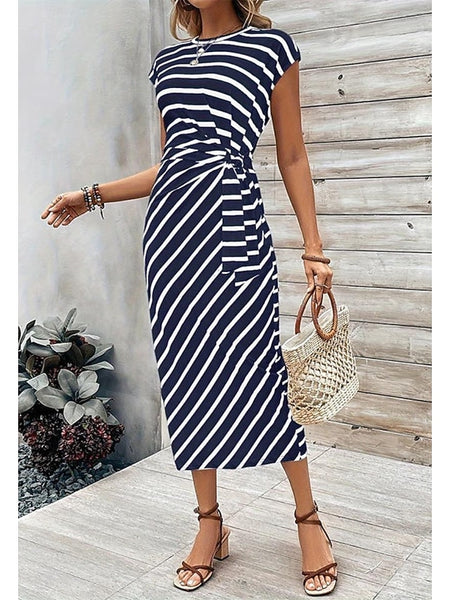 Women's Sheath Dress Stripe Knotted Crew Neck Cap Sleeve