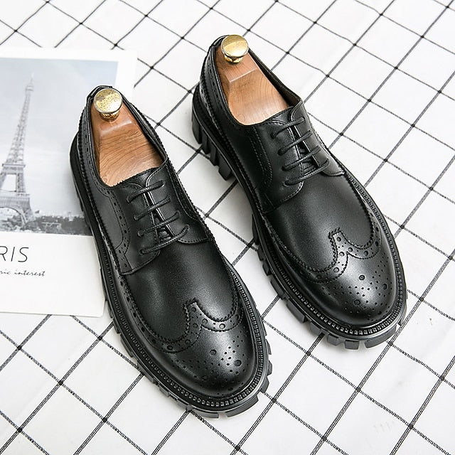 Brogue – Brown Chunky Sole Leather Shoes Faux Men's FashionChic