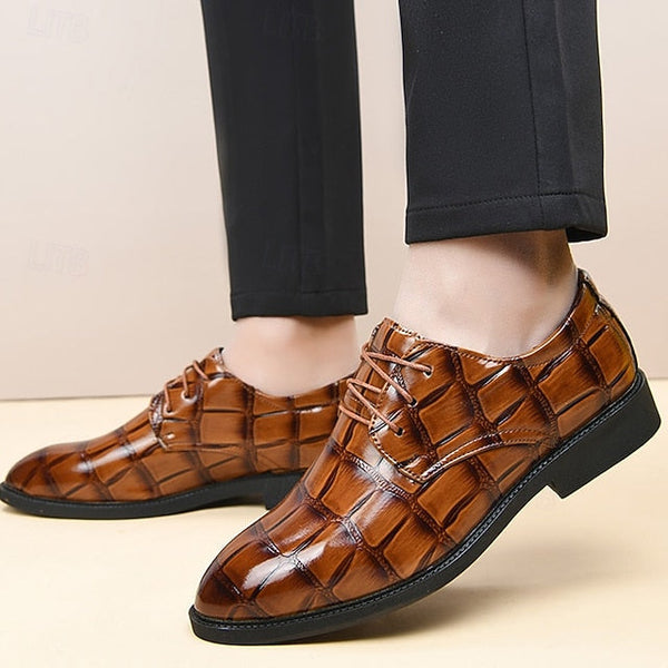 Shoes Dress Leather Brown Crocodile-Pattern Men's FashionChic
