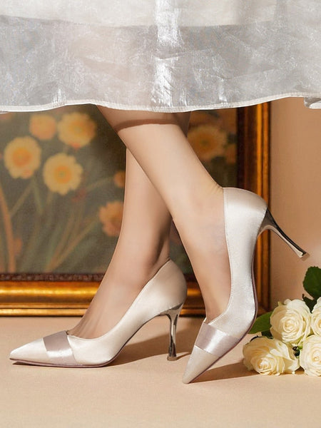 Pumps Women's Toe Heel - Dress High Pointed Satin Champagne FashionChic