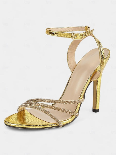 Gold Sandals Open-Toe Women for Stiletto Rhinestone-Embellished FashionChic