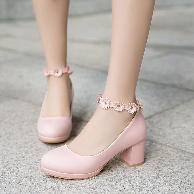 Girls' Daisy with Dress Flower Shoes Ankle Heel White Block FashionChic