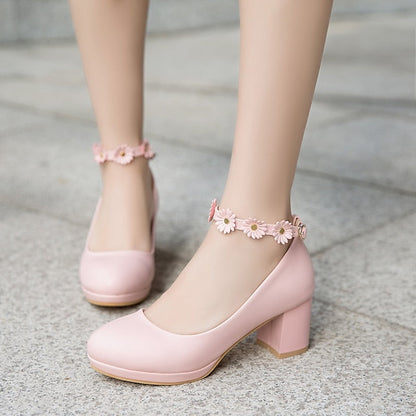 Girls' Daisy with Dress Flower Shoes Ankle Heel White Block FashionChic