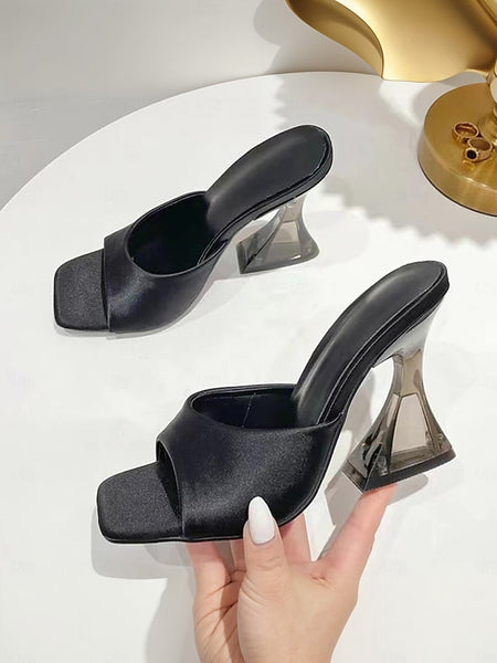 Open-Toe Block Mules with Transparent Satin Green for Heels FashionChic