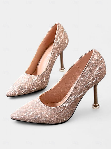 Pointed Toe Champagne Heels Women's Stiletto Glitter with FashionChic