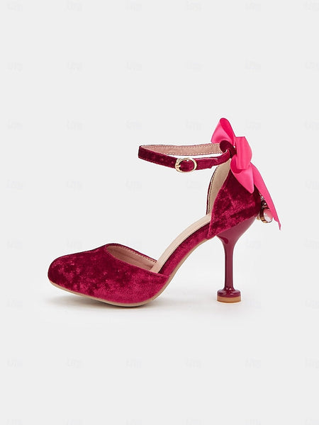 Bow Burgundy Big Velvet Mary and with Women's Heels Jane FashionChic