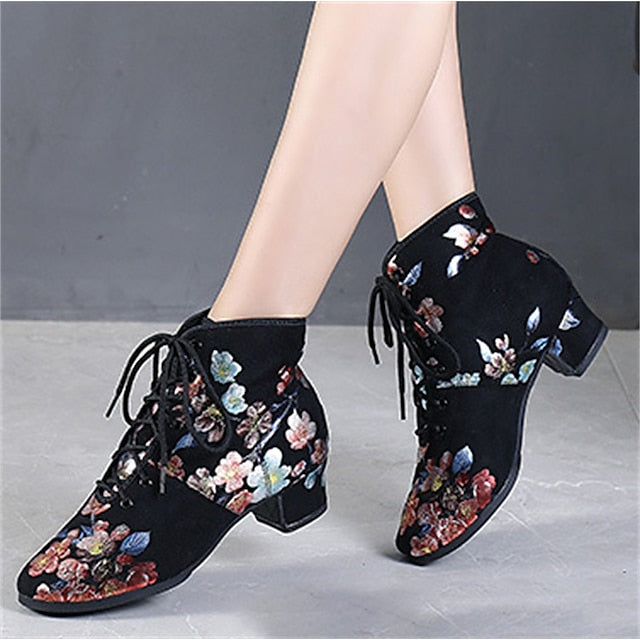 Floral Comfortable Women Lace-up – Black Low for Dance Shoes FashionChic