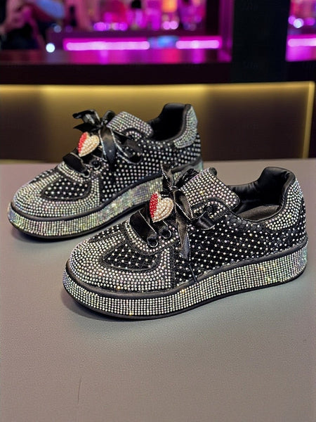 with Satin Laces Rhinestone Women's Sneakers Ribbon White FashionChic