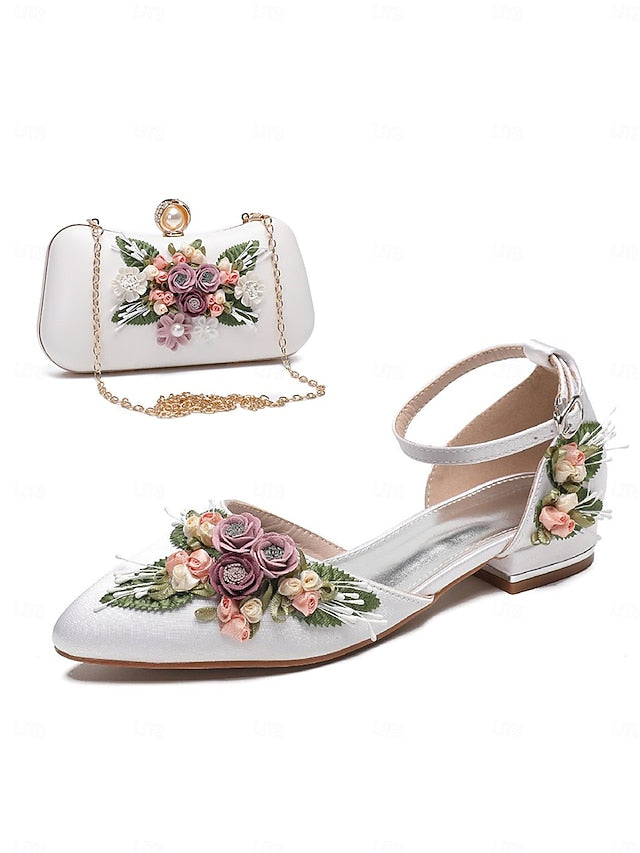 – Embroidered Shoes Floral with Clutch Matching Flat White FashionChic