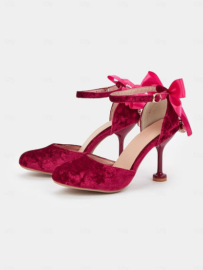 Bow Burgundy Big Velvet Mary and with Women's Heels Jane FashionChic