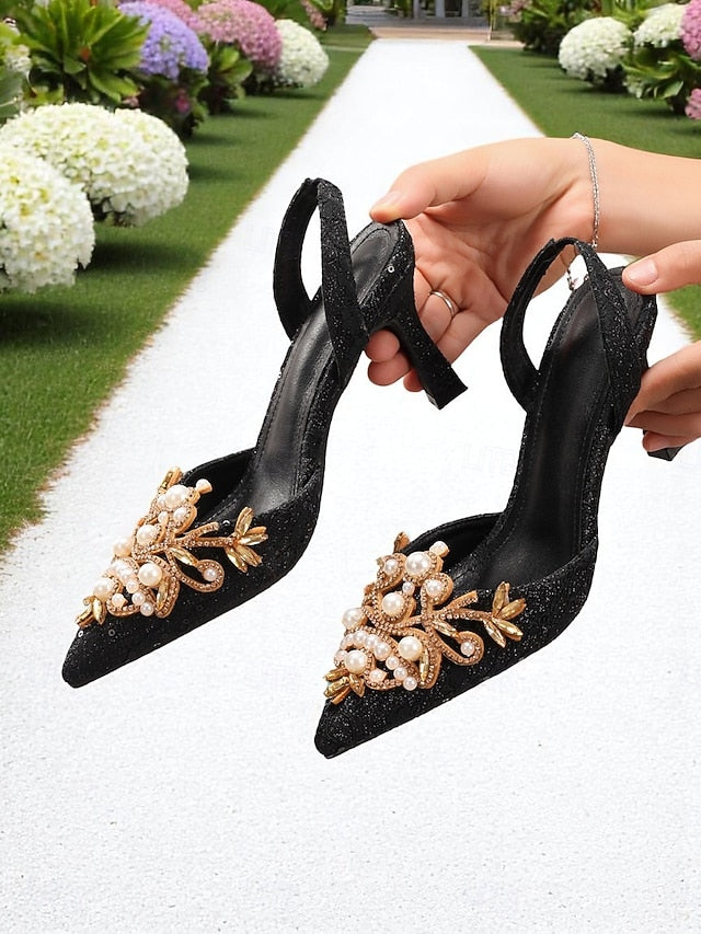 Heels Pearl Detailing Women's Satin Black - Slingback with FashionChic