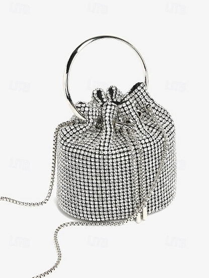 Women's with Rhinestone Metal Bag Silver Bucket Sparkling FashionChic