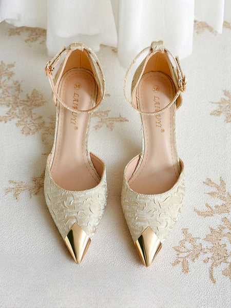 Gold Satin Heels and Beige Women's Pointed Accents with Toe FashionChic