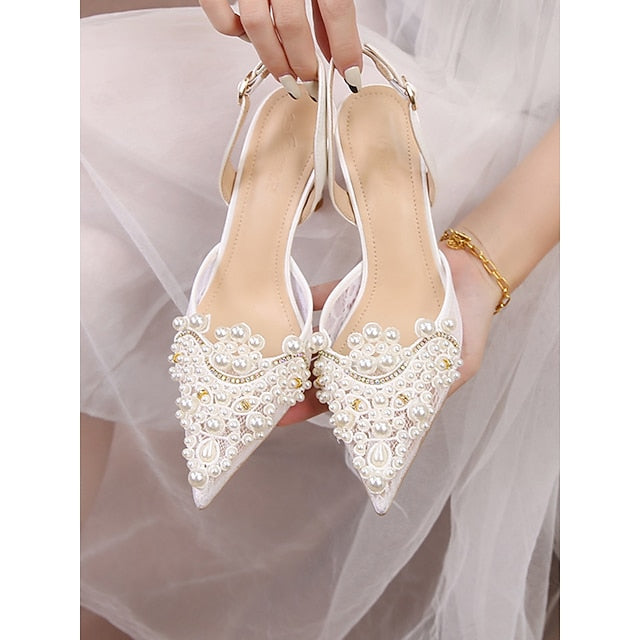 Pearl-Embellished with Slingback Kitten White Pointed-Toe Heel FashionChic