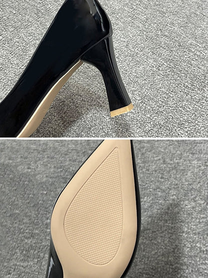 Pointed-Toe Glossy Patent Leather Heel Green Pumps Faux Block FashionChic