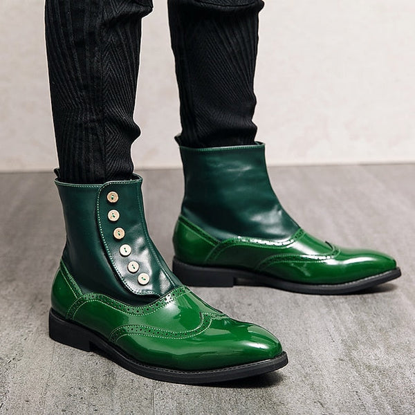 - Leather Button Boots Green Stylish Wingtip Vintage Men's FashionChic