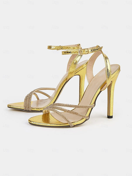 Gold Sandals Open-Toe Women for Stiletto Rhinestone-Embellished FashionChic