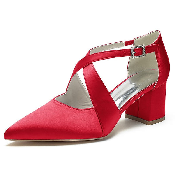 Heels White Pointed Satin Toe Block Women's – Elegant FashionChic