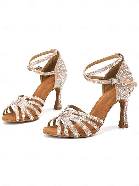 High Latin Rhinestone-Embellished Tan Sandals with Heel Dance FashionChic