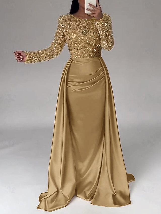 RuchedSatin Dress Sleeves Mermaid Gown Evening Sequin Long FashionChic