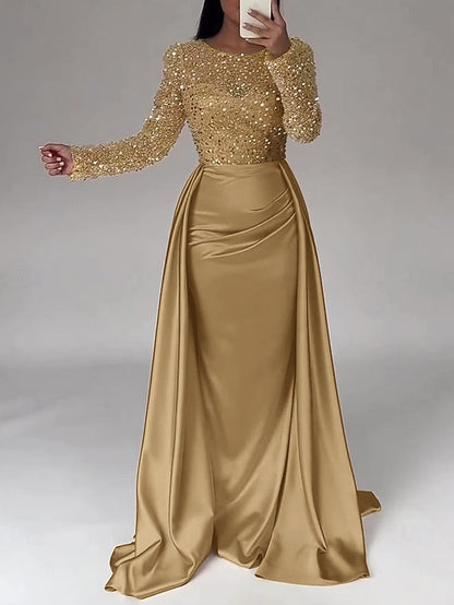 RuchedSatin Dress Sleeves Mermaid Gown Evening Sequin Long FashionChic