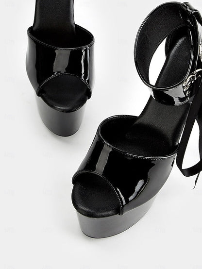 Lace-Up Sandals Ankle Straps Black with Leather Platform Patent FashionChic