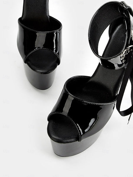 Lace-Up Sandals Ankle Straps Black with Leather Platform Patent FashionChic