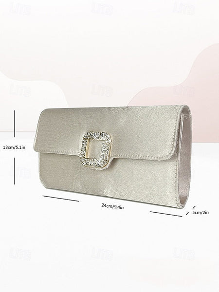 Elegant Buckle Rhinestone Women's Satin - White Clutch with FashionChic